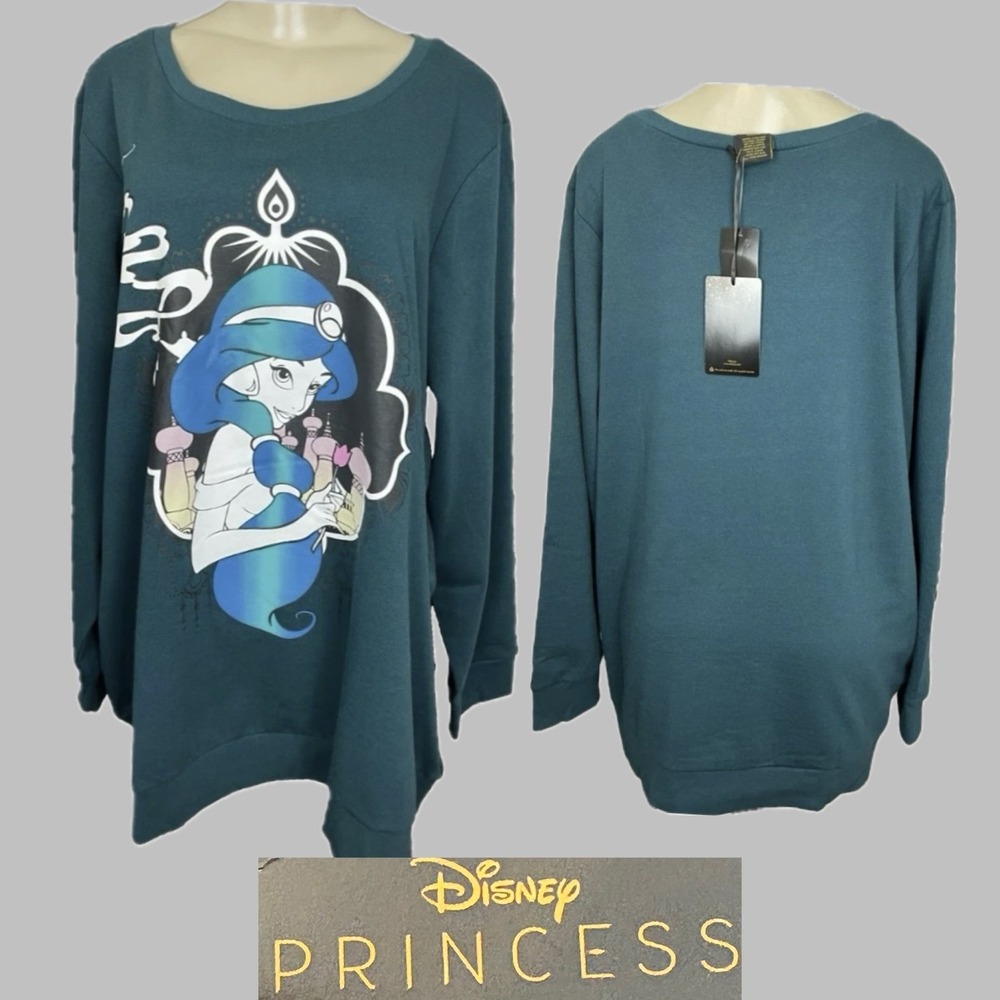 Disney Princess 4X Teal Green Jasmine Palace Lamp Graphic Sweatshirt Long Sleeve - Picture 2 of 6